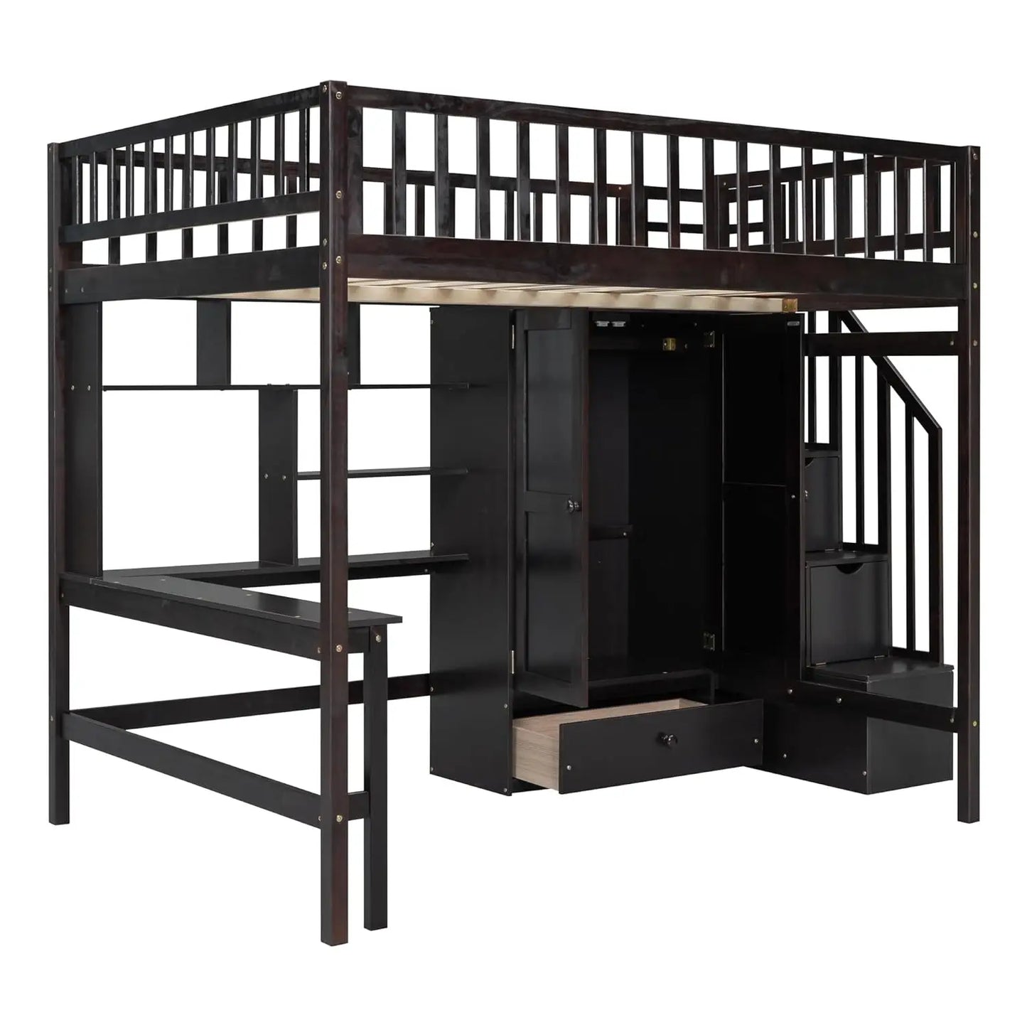 Full Size Loft Beds Stairway Loft Bed Frame with Wardrobe, Desk, Bookcase and Drawers, Espresso, Customized