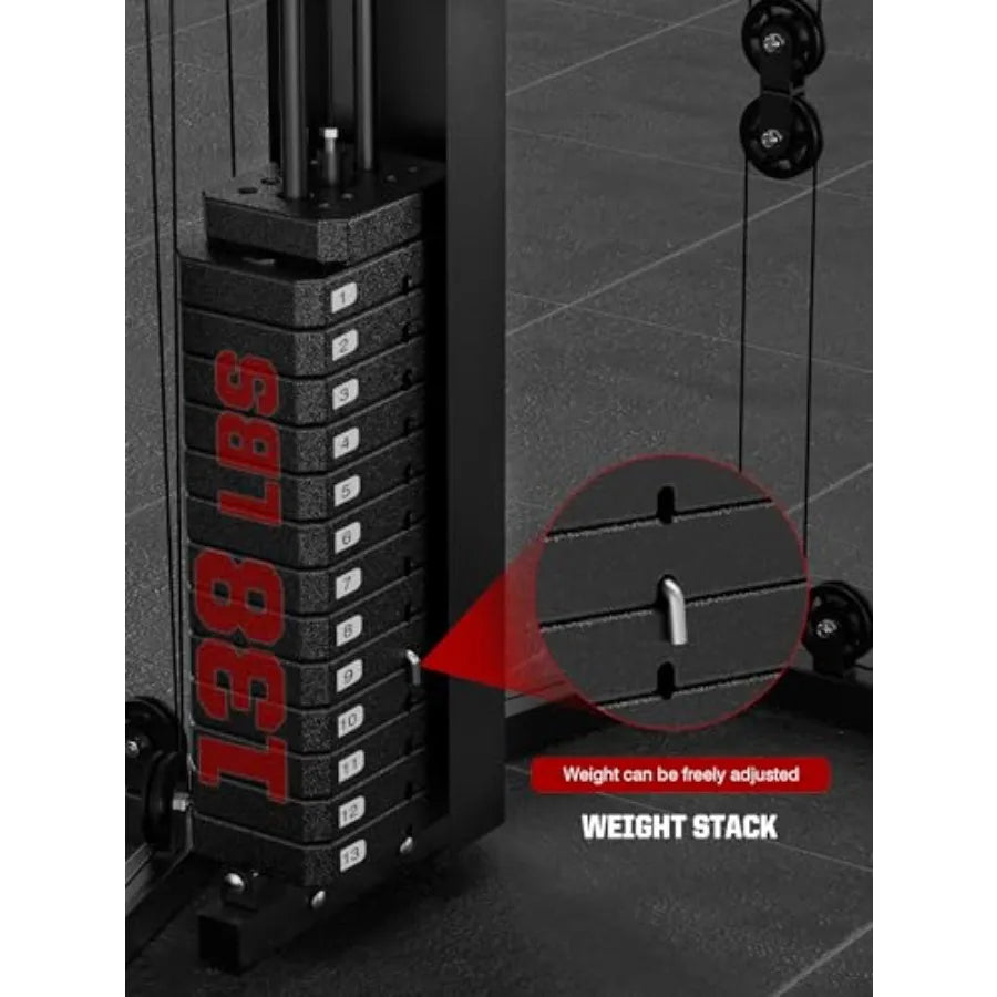 Multifunction Home Gym Equipment Workout Station Smith Machine with 138LB Weight Stack Leg Press LAT Station for Full Body Trai