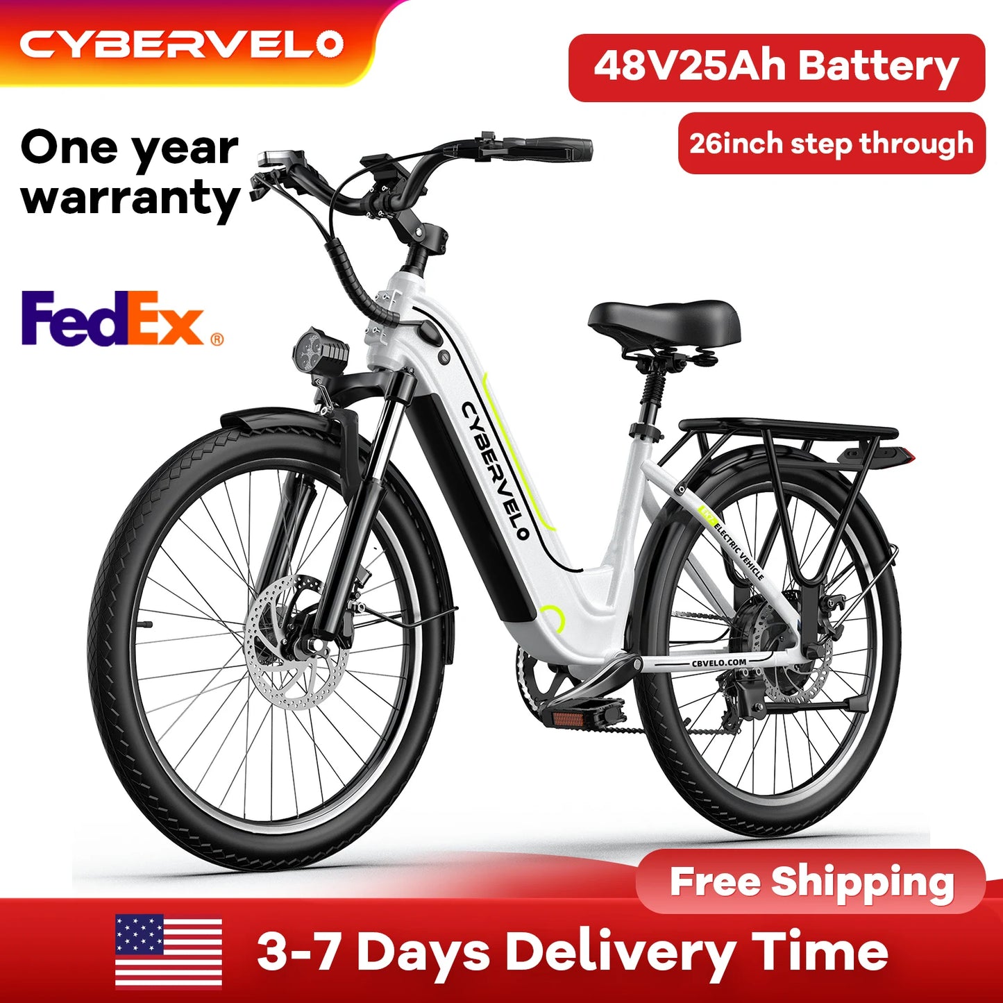 26” 1000W Peak Step-Thru E-Bike, 48V 25AH Removable Built-in Battery, 7-Speed Shift Electric bike City Commuter Adult EK7&EK10