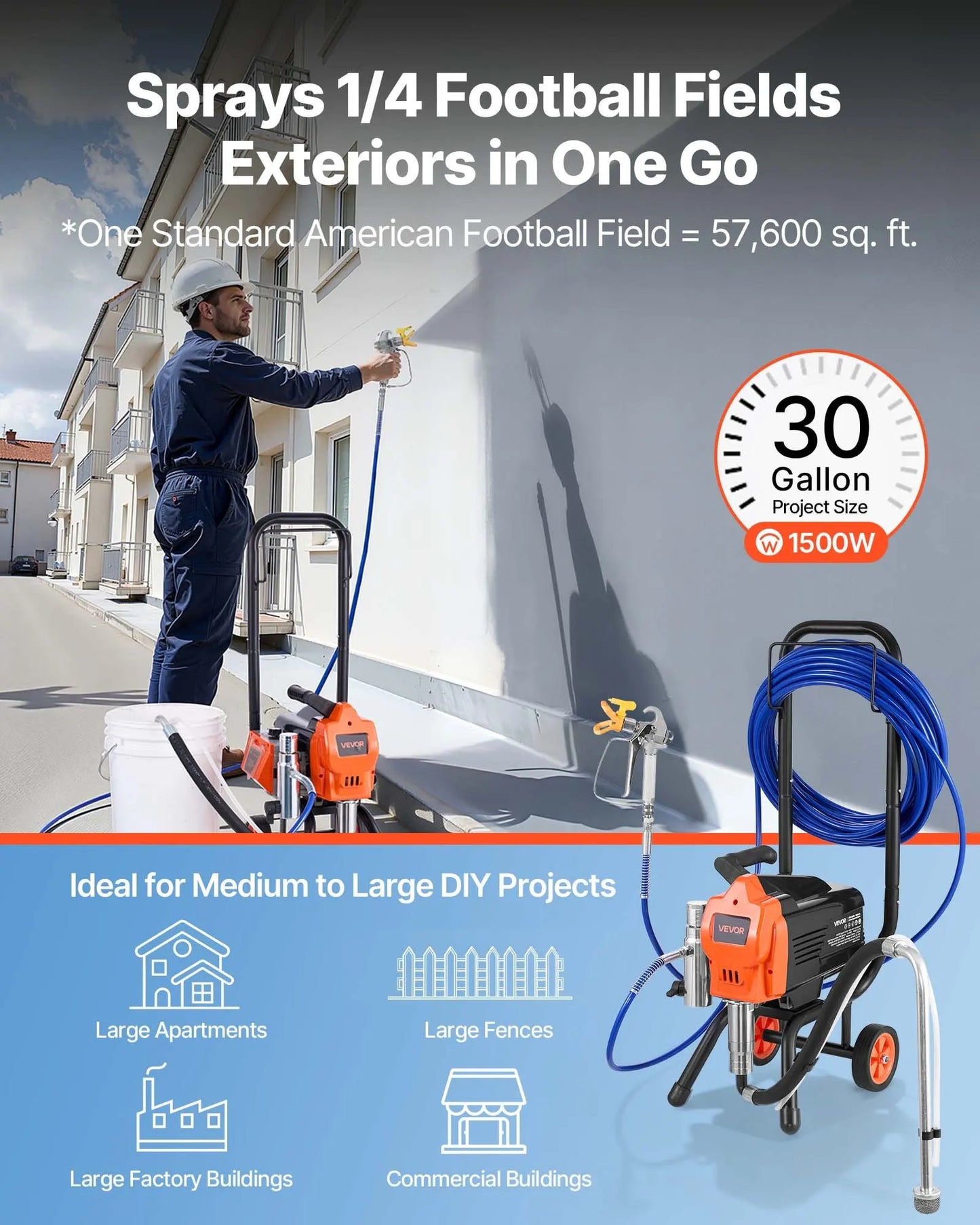 Stand Airless Paint Sprayer, 1500W, 3300PSI High Pressure Airless Sprayer With Cart, Cleaning Brush, Hose, Extension Rod,