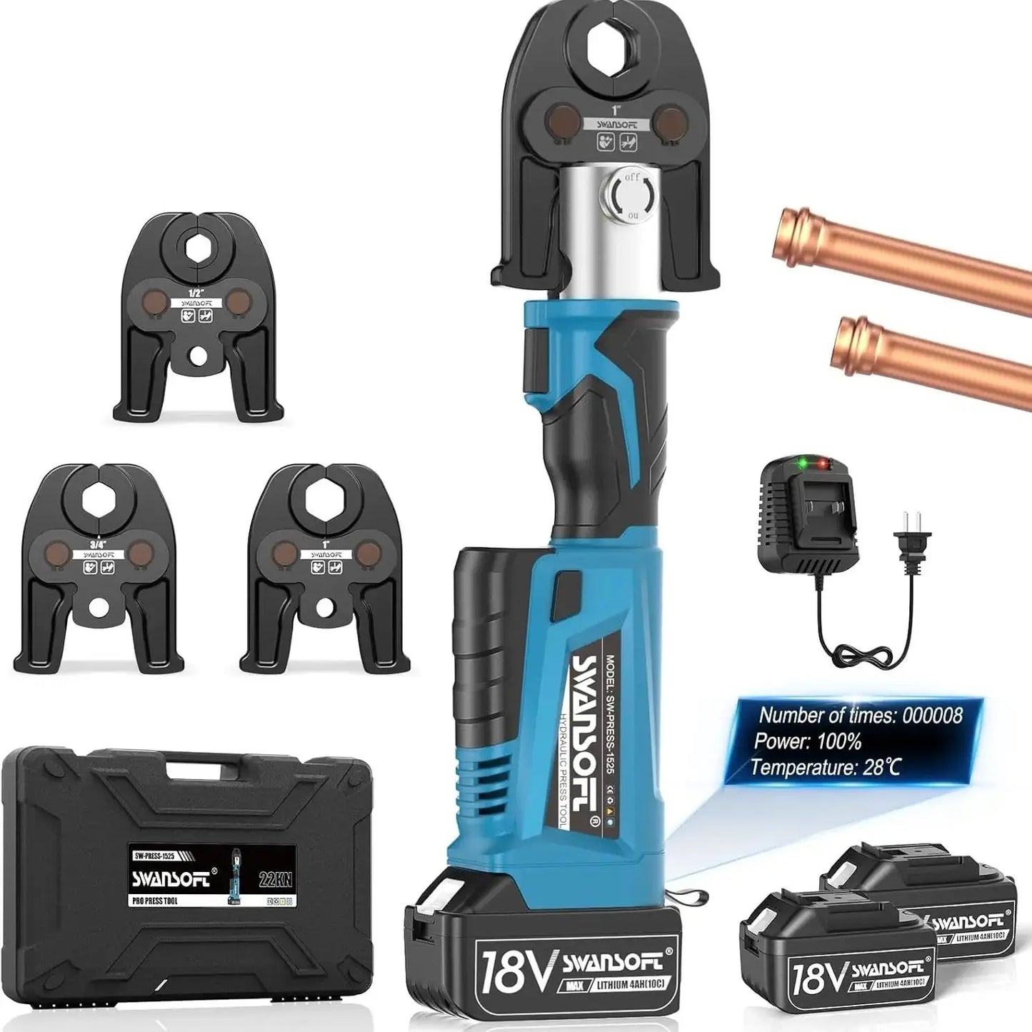 SWANSOFT ProPress Copper Crimper Tool,18V 4Ah battery Cordless Electric Hydraulic,with 3 US Jaws 1/2",3/4'',1", Plumbing Tool