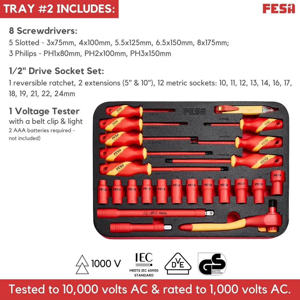 Electrician Insulated Tool Set - 50-Piece 1000V Insulated Tool Kit with a Rolling Tool Case, Screwdrivers, Open & Box End Wrench