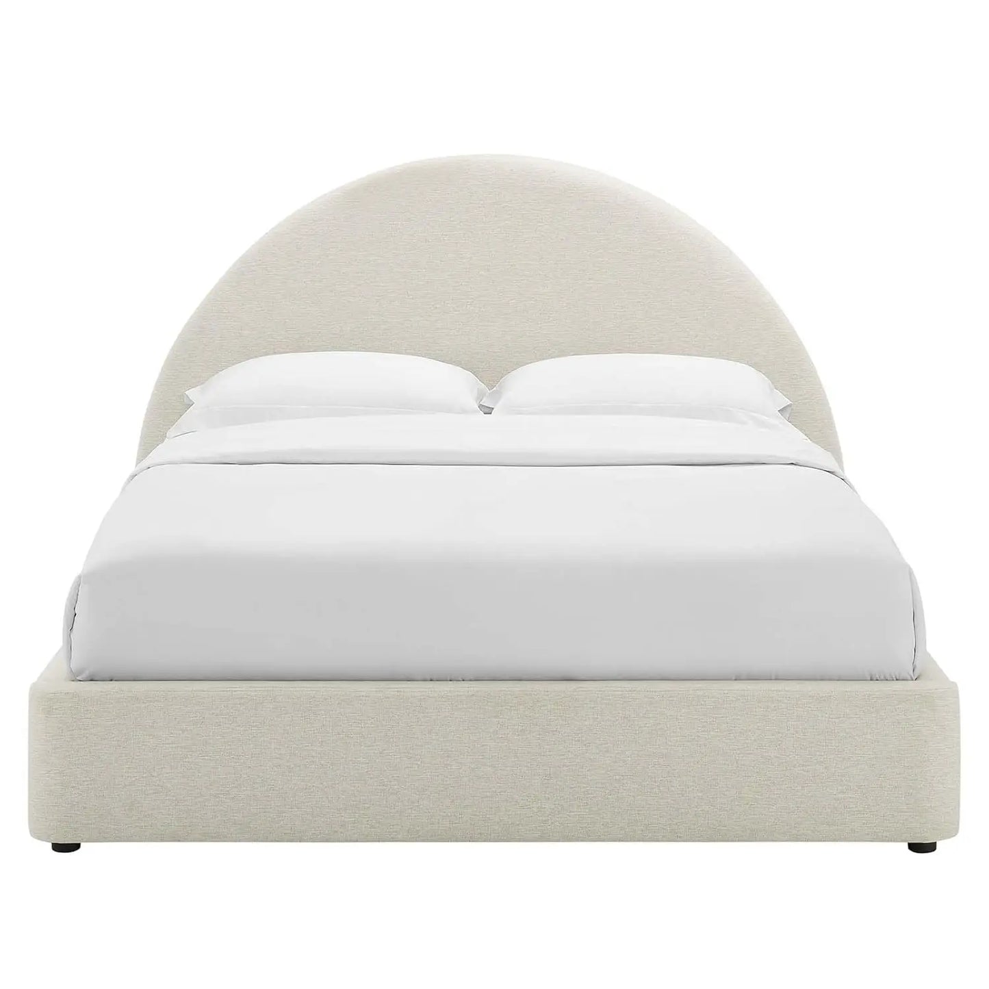 Queen Platform Bed Arch Round Upholstered Headboard Heathered Weave Ivory Fabric Cloud Frame Wood Slats No Box Spring, Custom