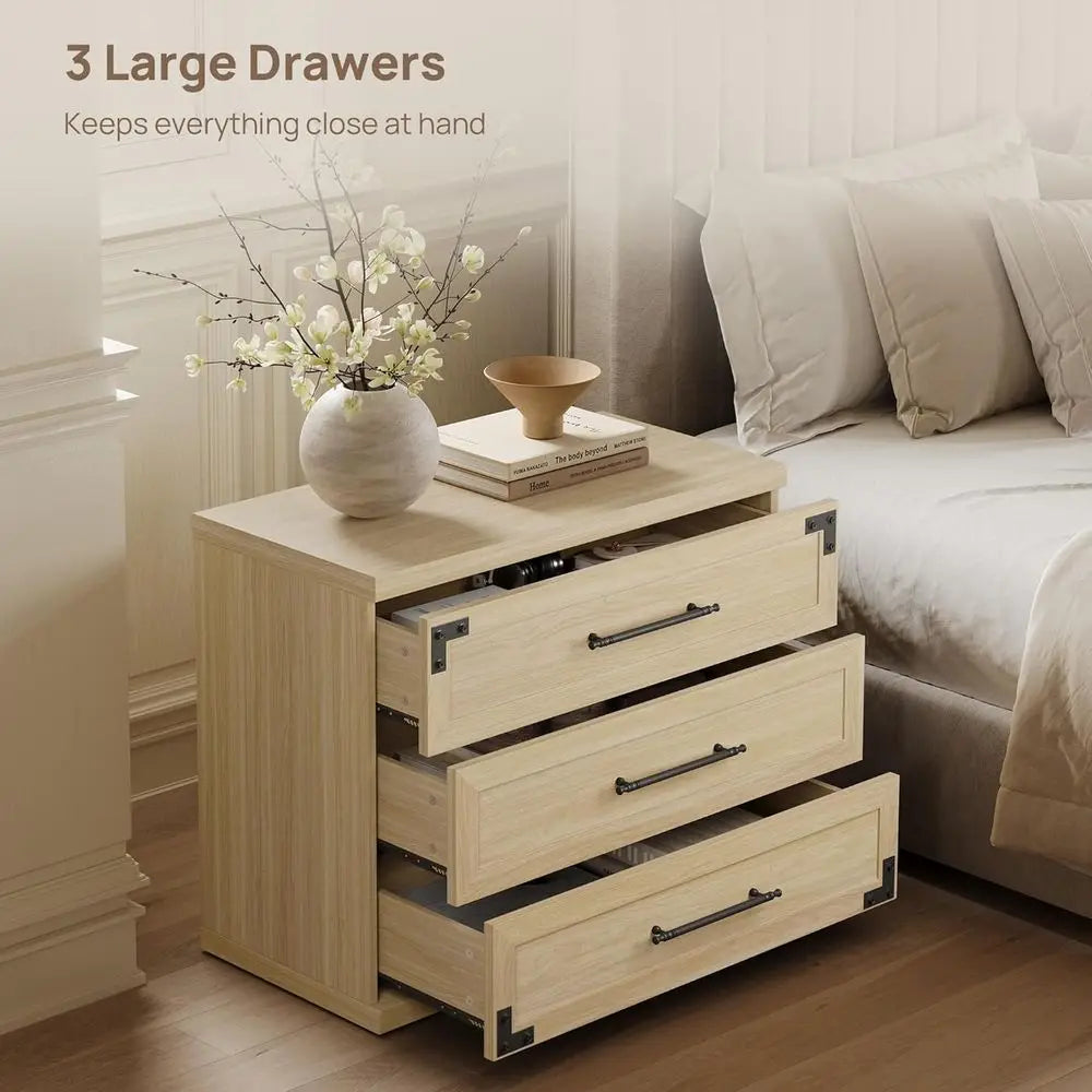 Pair of 2-31 Wide, Large Nightstands with 3 Drawers, Oversized Tall Bedside Tables, Sand Beige