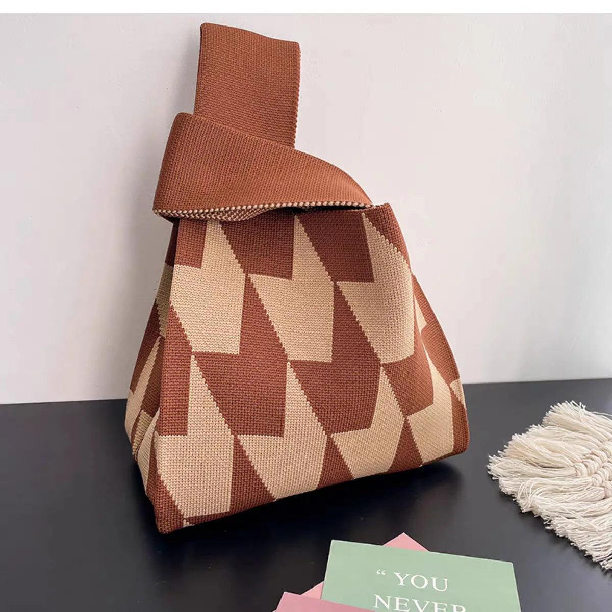 Women'S Knot Wrist Bag Tote Handmade Knitted Bag Portable Mini Striped Bucket Phone Bags Large Capacity Spring Summer Handbags