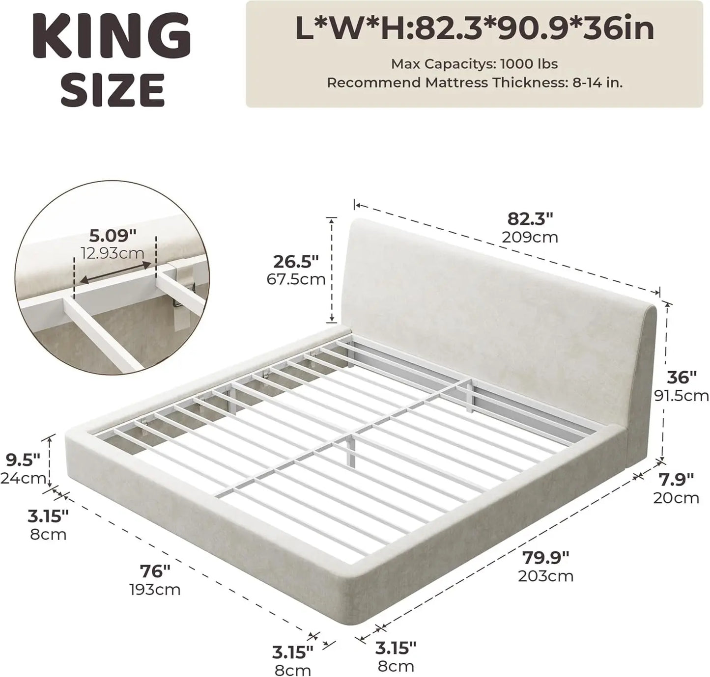 RECCI AirFrame King Size Bed Frame with Ergonomic Angled Foam Cushioned Headboard, Minimalist Design Platform Bed Frame, No Box