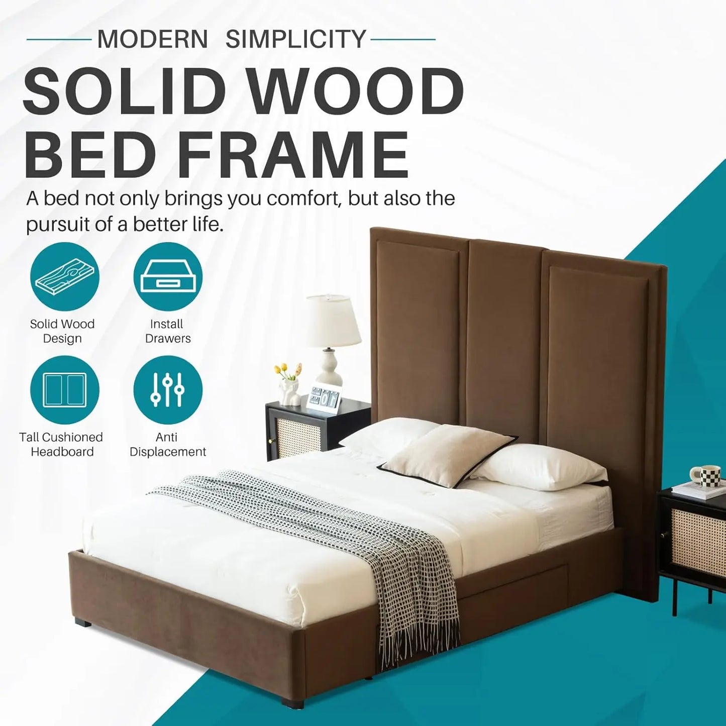 Queen Size Upholstered Platform Bed Frame with 64in High Headboard Storage Drawers Wood Slat Support Noise Free Brown Customized