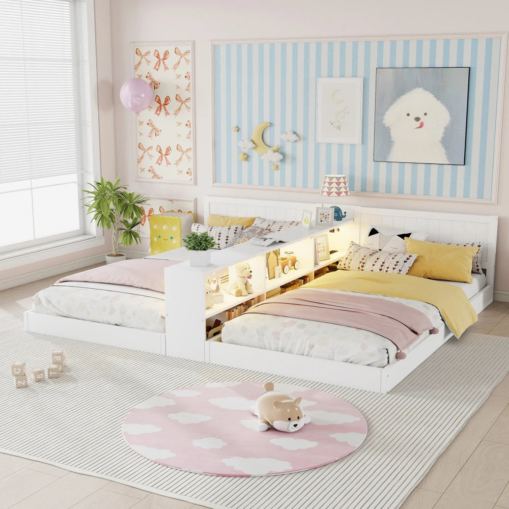 Double Twin Size Bed Frame with Storage,Twin Floor Bed with Light & Charging Station, Convertible 2 Twin Beds for 2 Kids,White