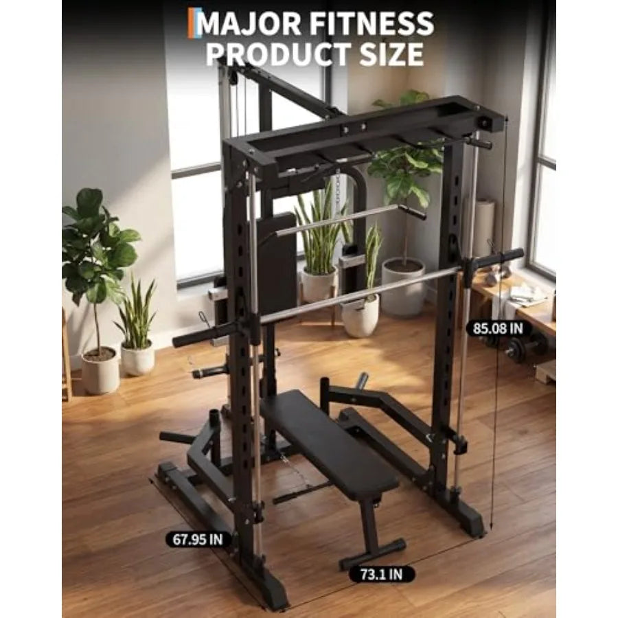 Smith Machine with Bench Heavy Duty Power Cage Squat Rack with Smith Bar LAT Pulldown System Chest Station More Training Attach