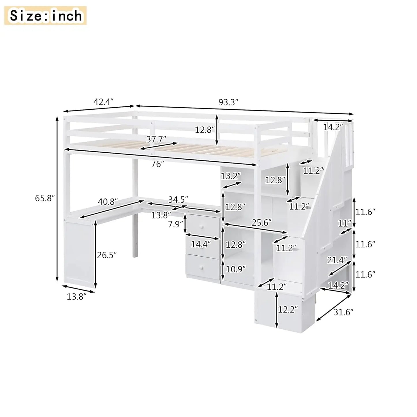 Twin Size Loft Bed with L-Shaped Desk and Stairs, Solid Wood Loft Bed Frame with Storage Drawers and Bookcase, for, Customized