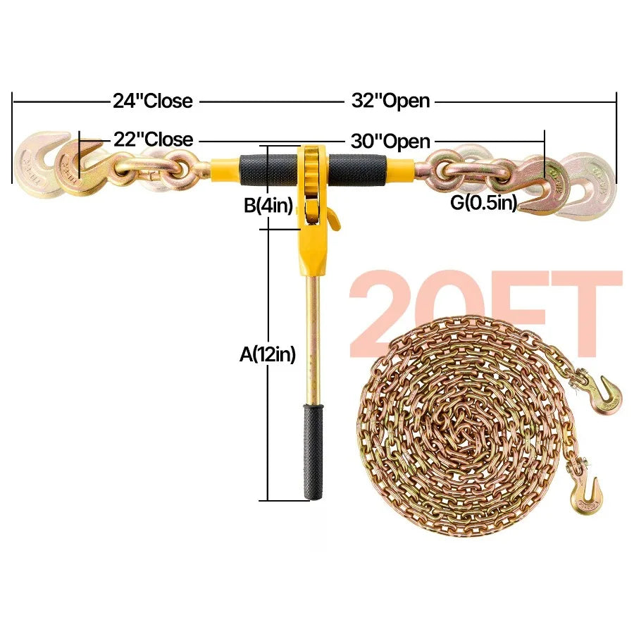 Ratchet Chain Binder 5/16-3/8 Heavy Duty Load Binders with G80 Chains 7100 lbs Secure Load Limit Labor-saving Anti-skid Handle