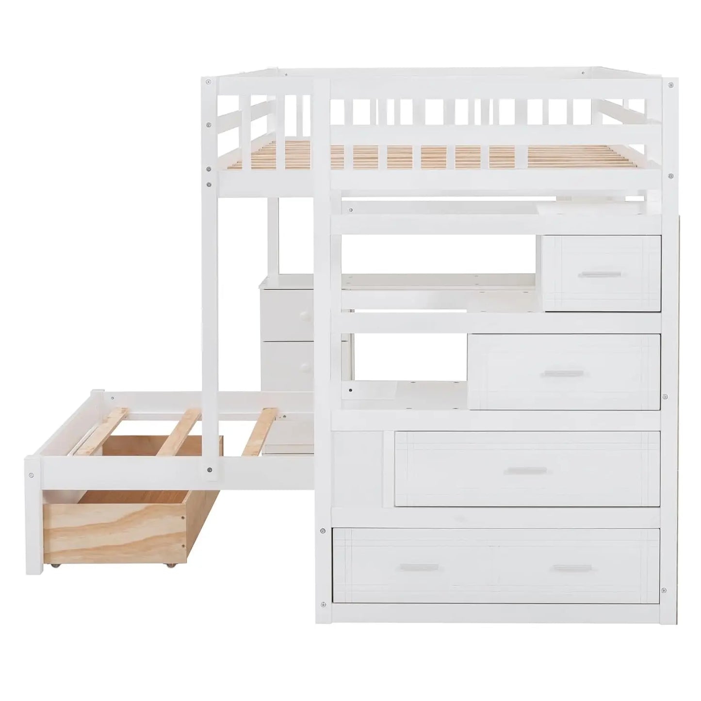 Full Over Twin Bunk Bed with Desk, Drawers and Shelves, L Shaped Wood Bunk Bed Frame with Storage Staircase and, Customized