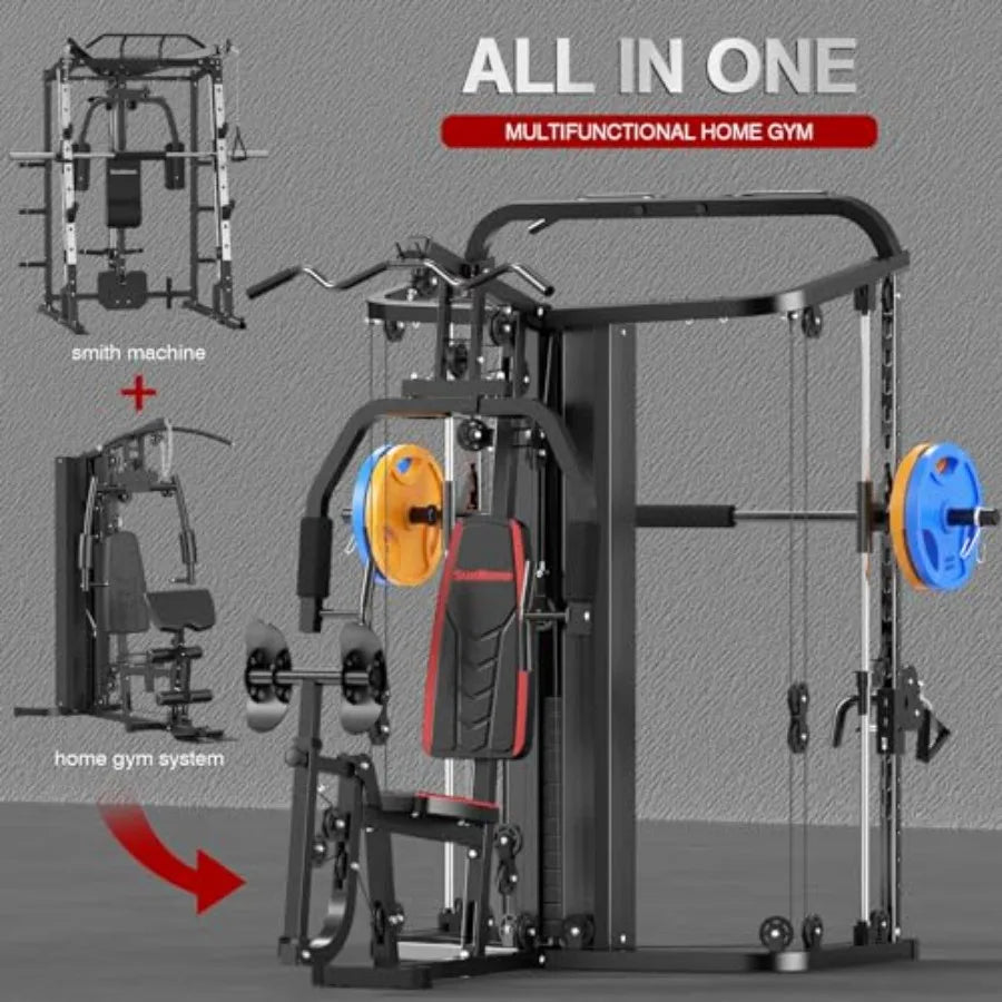 Multifunction Home Gym Equipment Workout Station Smith Machine with 138LB Weight Stack Leg Press LAT Station for Full Body Trai