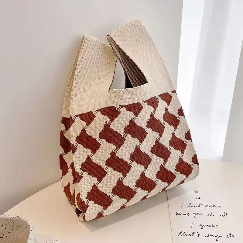 Women'S Knot Wrist Bag Tote Handmade Knitted Bag Portable Mini Striped Bucket Phone Bags Large Capacity Spring Summer Handbags