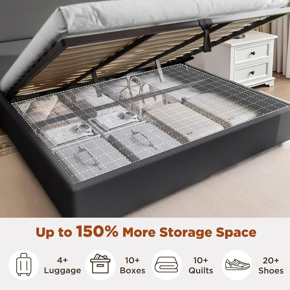 King Size Lit Storage Bed with 51.2 Wingback, Linen Upholstered, Hydraulic Lift, Metal Frame, No Box Spring Needed, Grey