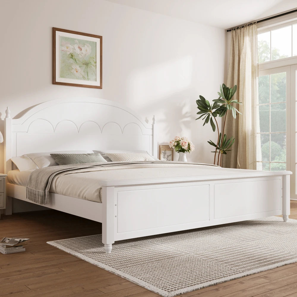 King size Wooden Bed Frame with Arched Headboard and Classic Design,White