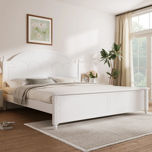 King size Wooden Bed Frame with Arched Headboard and Classic Design,White