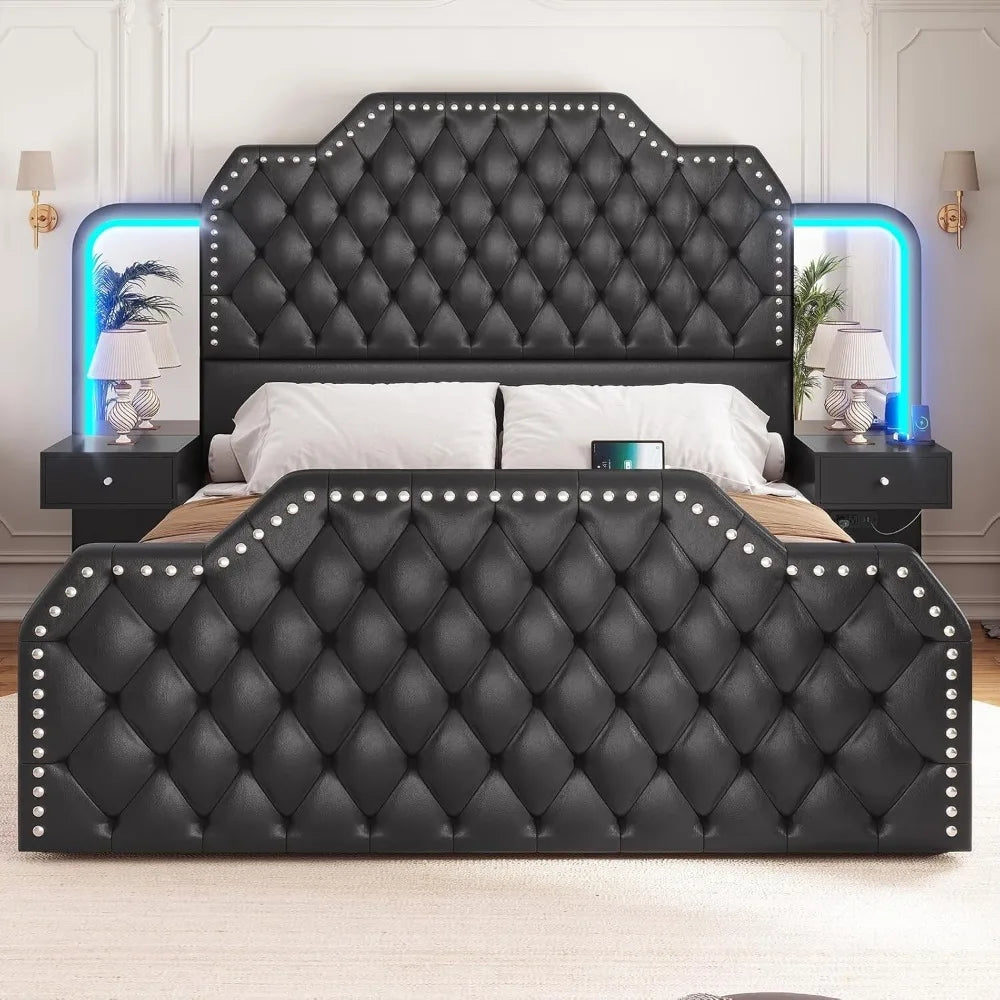 Queen Size Bed Frame with 2 Nightstands with Mirror, Upholstered Platform Bed