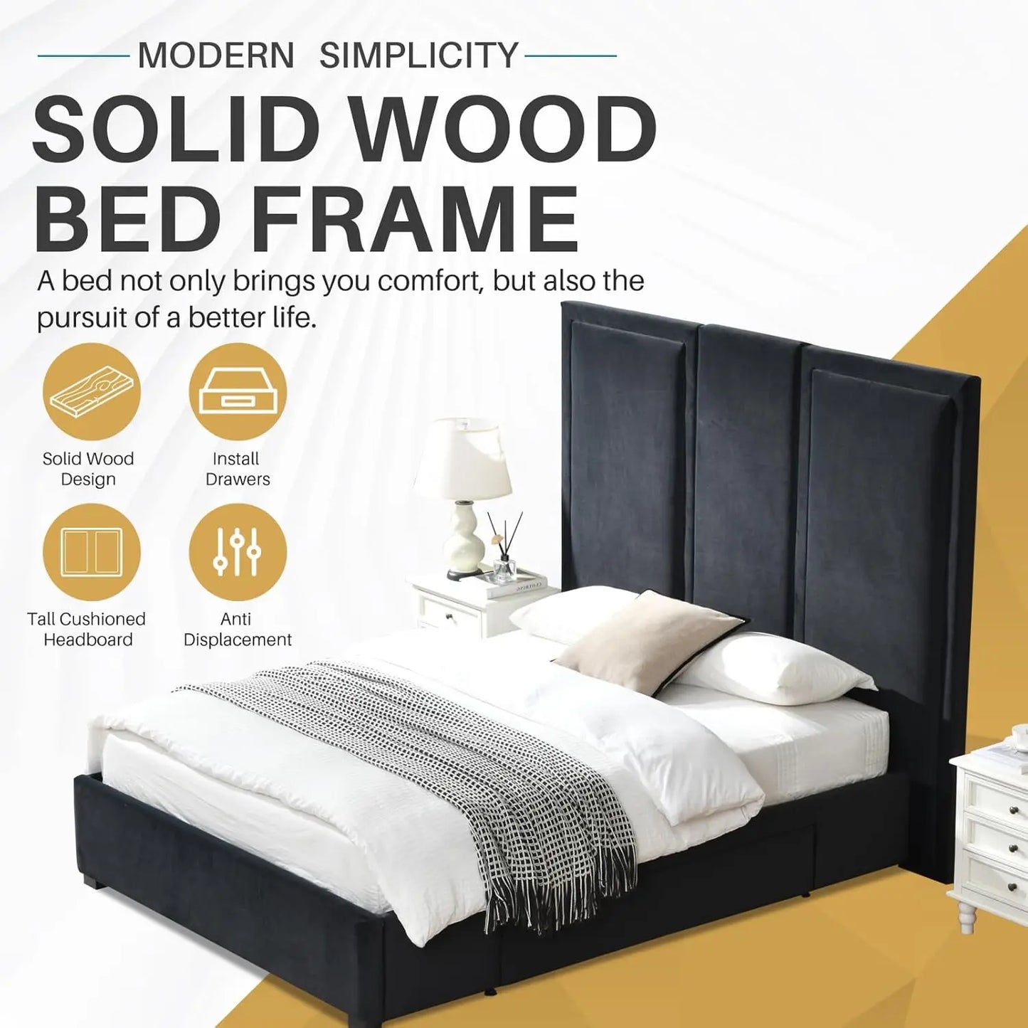 Queen Upholstered Platform Bed Frame with 64in High Headboard Storage Drawers Wood Slat Support No Noise Ink Blue Customized