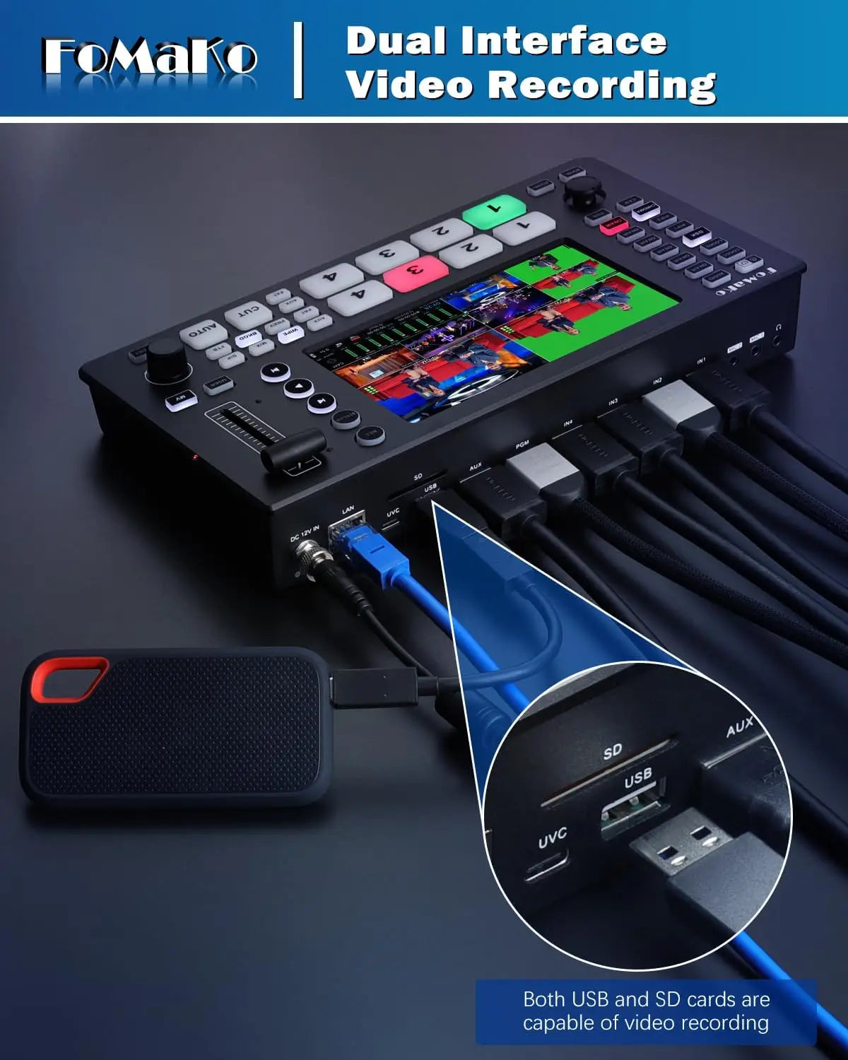 FoMaKo AI Auto Tracking HDMI PTZ Camera, 20x Optical Zoom(3pcs), M3 Video Mixer Switcher+KC608 NDI PTZ Controller for Church