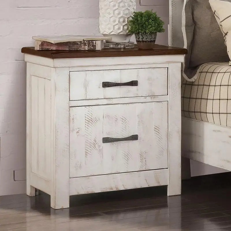 Transitional Style Distressed White Nightstand with Brass Arch Pull, 2-Drawer Bedside Table, Solid Wood Bedroom Furniture