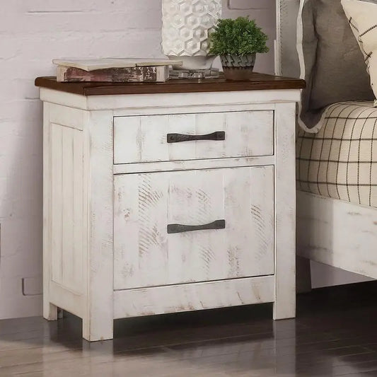 Transitional Style Distressed White Nightstand with Brass Arch Pull, 2-Drawer Bedside Table, Solid Wood Bedroom Furniture