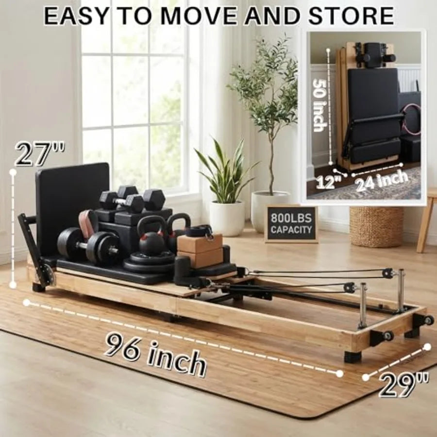 MAX4.0 Pilates Reformer Wood Home Workout Machine with Pilates Ring Yoga Bands Jumpboard High-Resistance Springs Foldable Desig