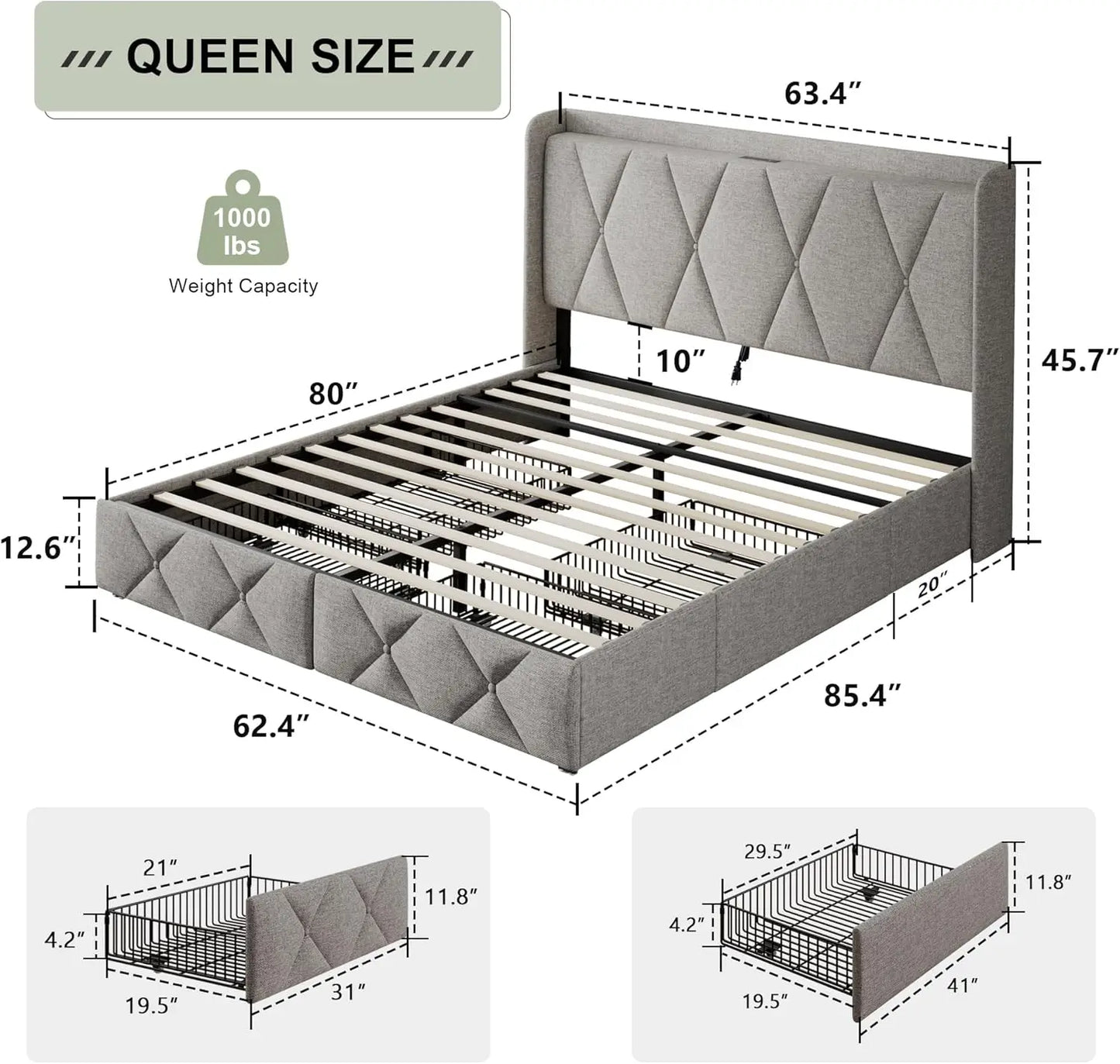 Queen Bed Frame With 4 Storage Drawers Upholstered Button Tufted Headboard Fast Charging Station