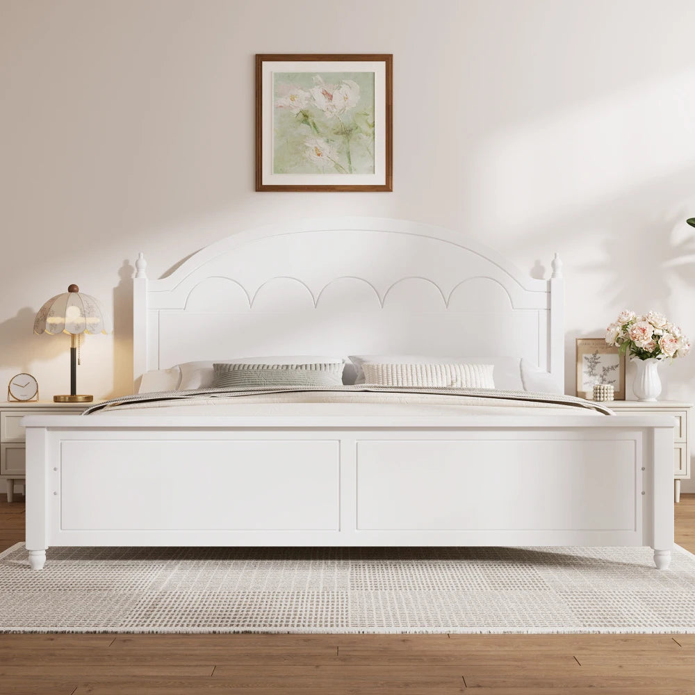 King size Wooden Bed Frame with Arched Headboard and Classic Design,White