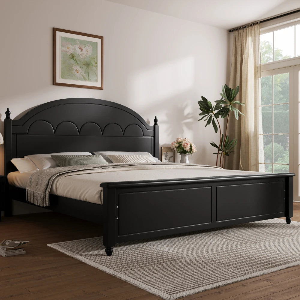 King size Wooden Bed Frame with Arched Headboard and Classic Design,Black