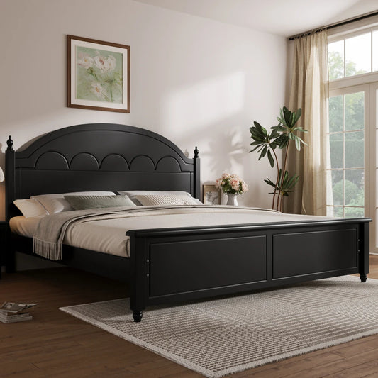 King size Wooden Bed Frame with Arched Headboard and Classic Design,Black