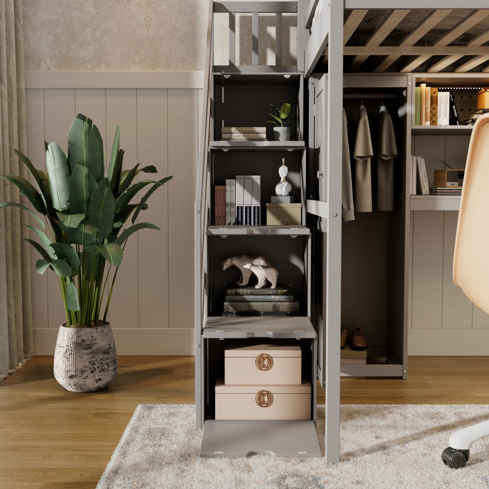 Full Loft Bed Frame with Built-In Wardrobe, Study Desk, Storage Shelves &  Lights, Space-Saving Design for Bedroom-GREY