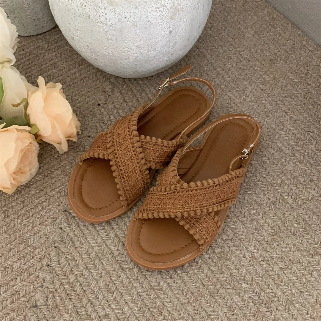2024 Fashion Women Sandals Ladies Flat Roma Heels Knitted Summer Sandals Outside Cross Tied Leather Female Slides Woman Sandals