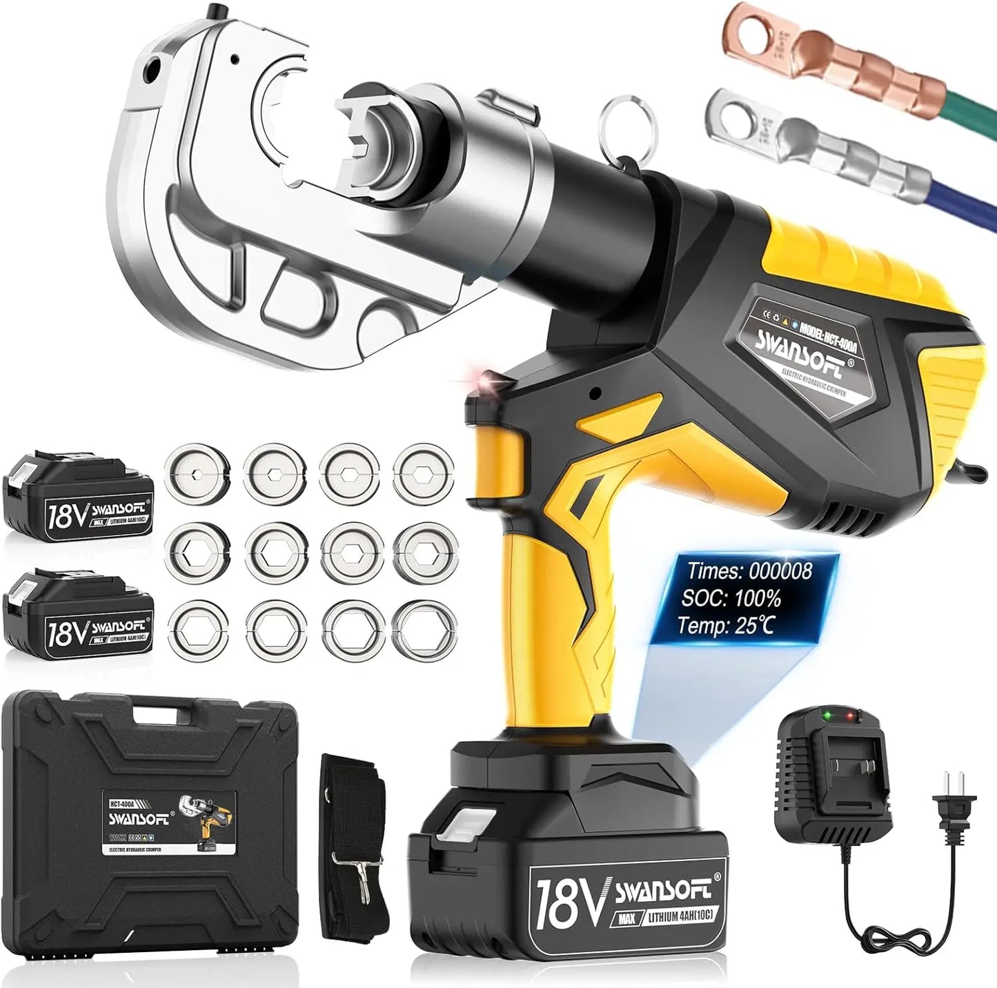 SWANSOFT 400A 12Ton Electric Hydraulic Crimping Tool 6AWG-800MCM Crimper Continuous Crimp for Cu/Al Terminal with 12 Dies