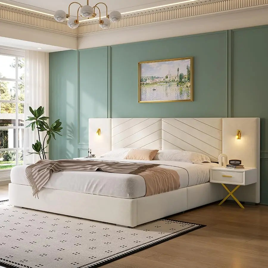 Luxurious King Platform Bed Frame, Velvet Upholstered Headboard with 2 Built-in Wall Sconces & Nightstands, Sturdy, Customized