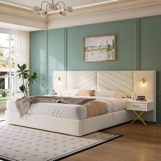 Luxurious King Platform Bed Frame, Velvet Upholstered Headboard with 2 Built-in Wall Sconces & Nightstands, Sturdy, Customized