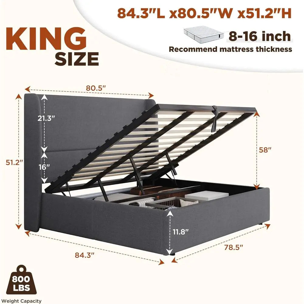 King Size Lit Storage Bed with 51.2 Wingback, Linen Upholstered, Hydraulic Lift, Metal Frame, No Box Spring Needed, Grey
