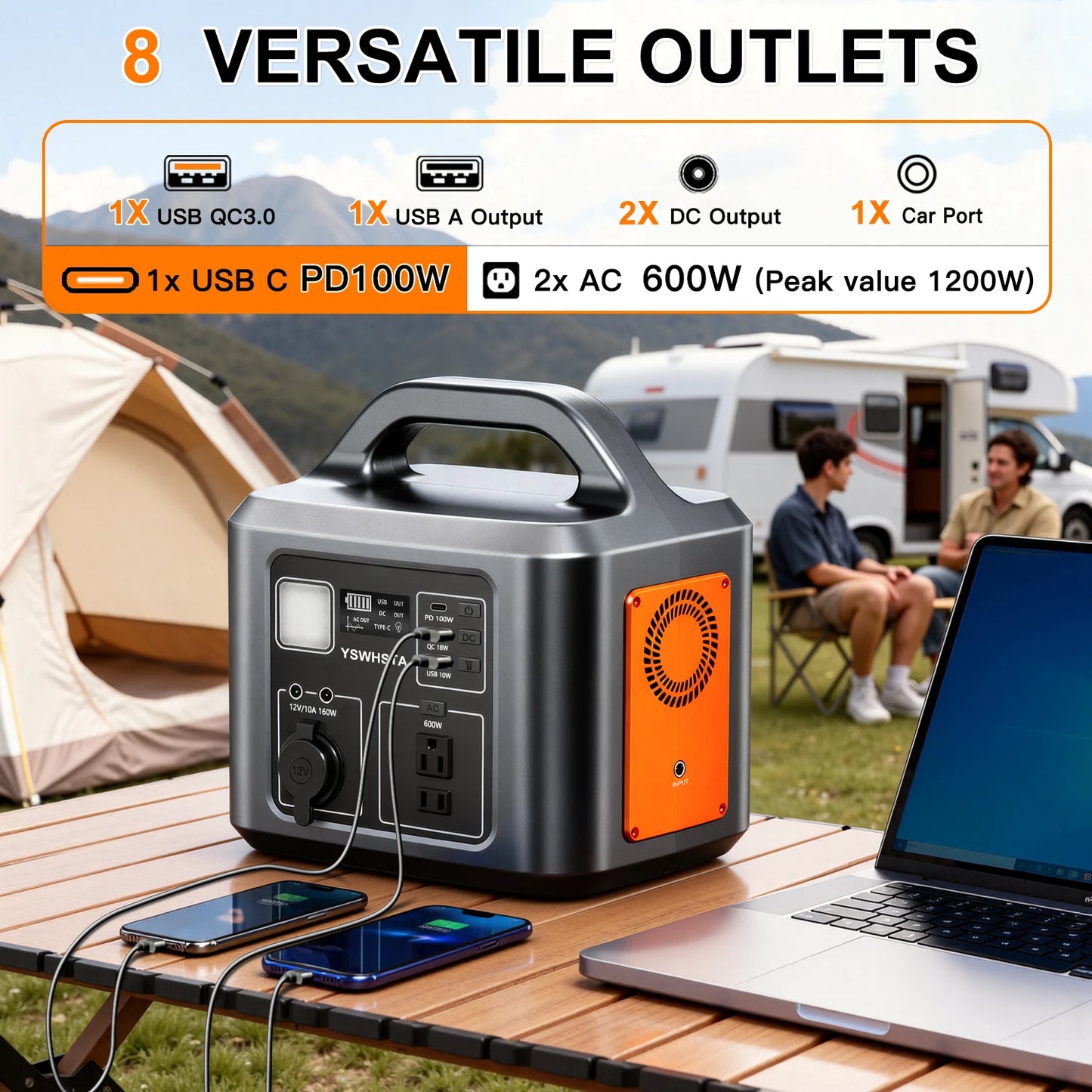 600W Portable Power Station with Solar Charging Input,538.7Wh, 100W PD USB-C, QC3.0, AC Power Outlet,Outdoor Camping Party