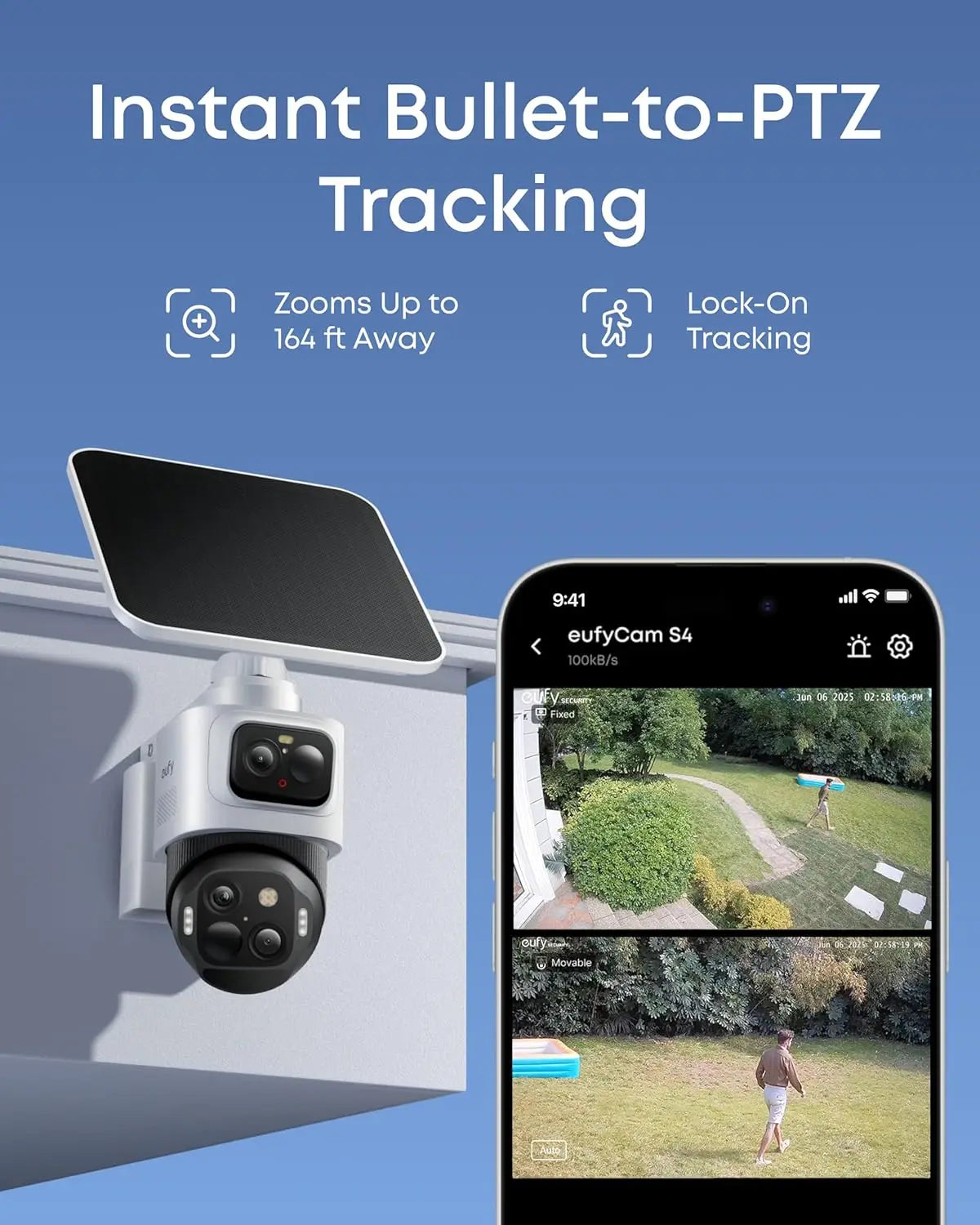 4K Solar Wireless Outdoor Security Camera, Triple Lens PTZ, 360° View, AI Tracking, Color Night Vision