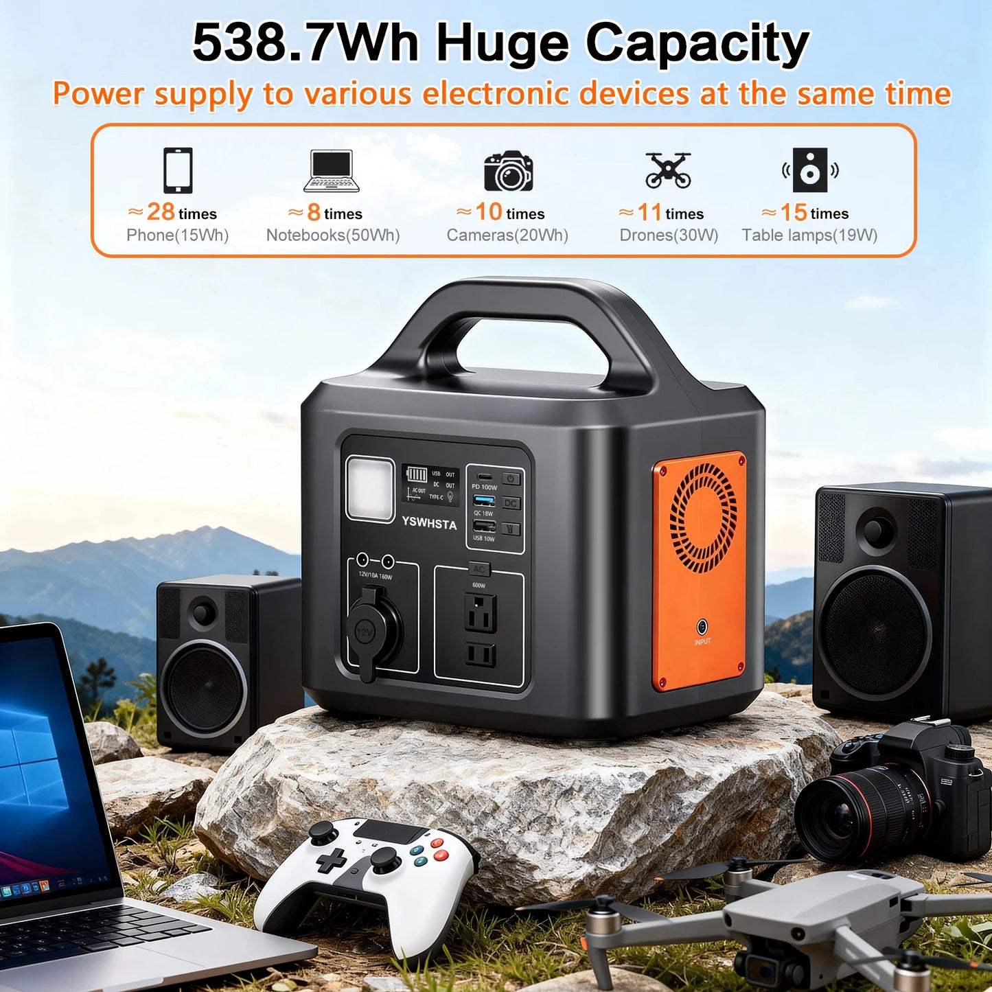 600W Portable Power Station with Solar Charging Input,538.7Wh, 100W PD USB-C, QC3.0, AC Power Outlet,Outdoor Camping Party
