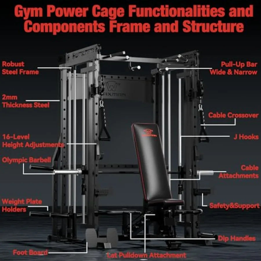 Smith Machine 2200lbs Squat Rack with Pull Down System Cable Crossover Machine Steel Black Training Equipment with Leg Hold and