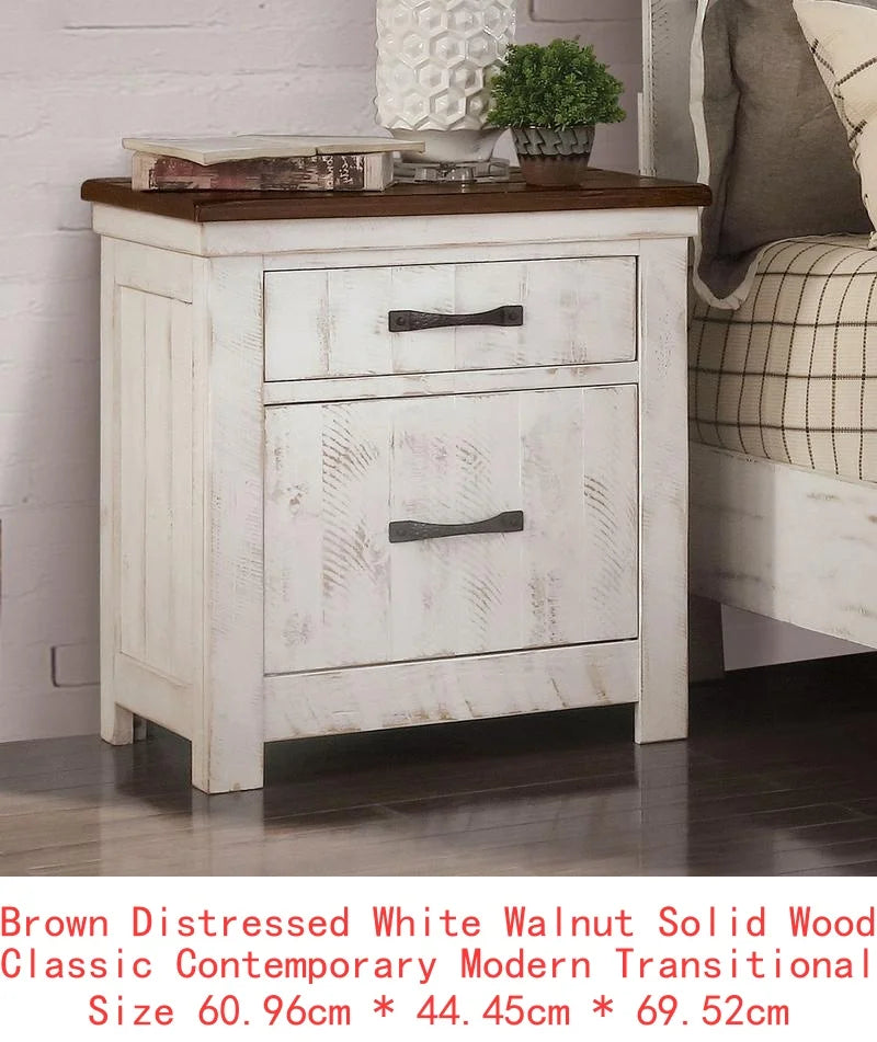 Transitional Style Distressed White Nightstand with Brass Arch Pull, 2-Drawer Bedside Table, Solid Wood Bedroom Furniture