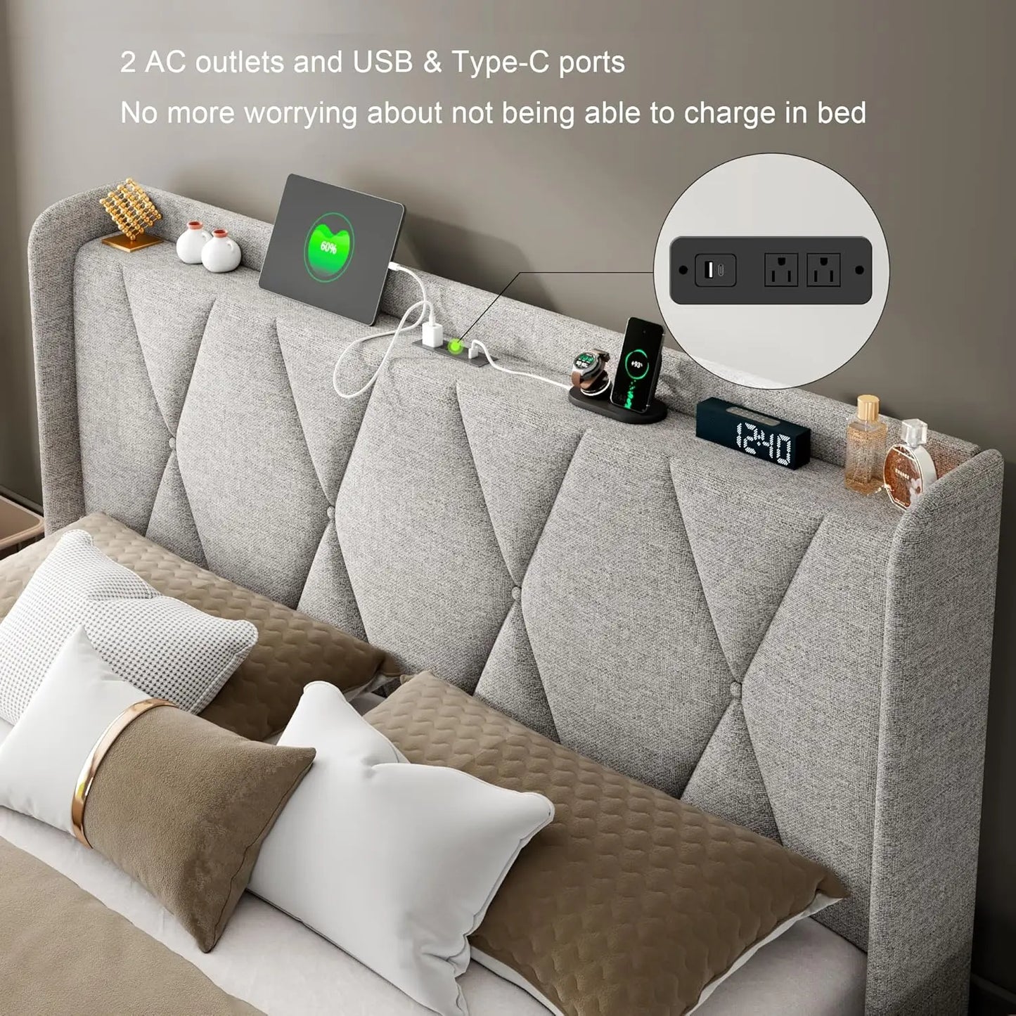 Queen Bed Frame With 4 Storage Drawers Upholstered Button Tufted Headboard Fast Charging Station