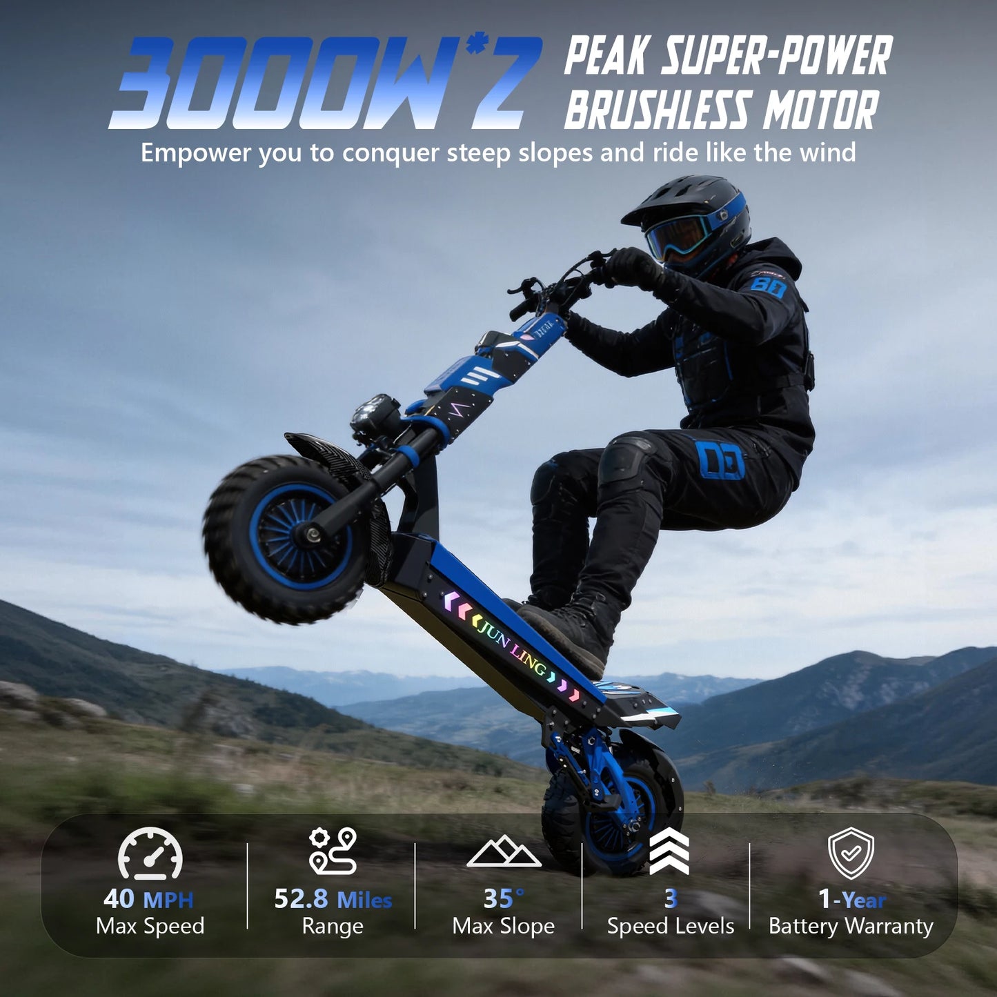 JL80 6000W Dual Motor Electric Scooter for Adults 60V30Ah Battery 40Mph Max Speed 52Mile 12‘’All-Terrain Off-Road Tire Escooter