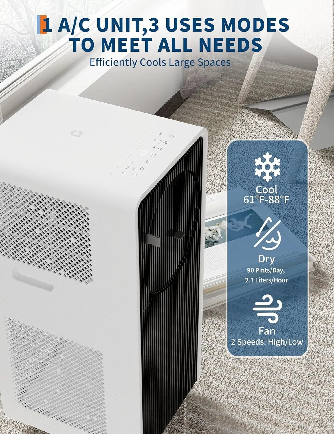 14000 BTU Portable Air Conditioner 3-in-1 Air Cooler w/Dehumidifier & Fan Mode