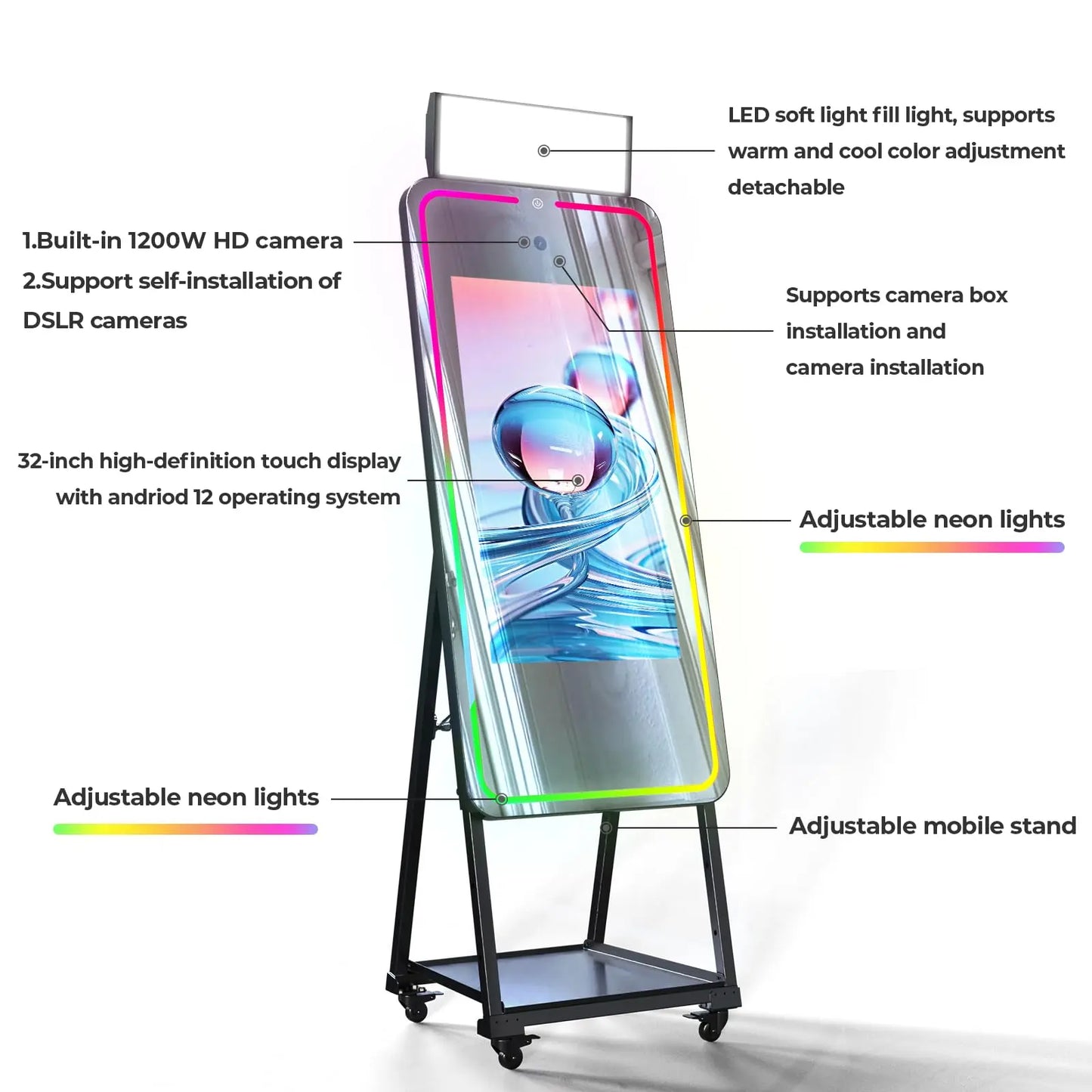 MWE Magic Mirror Photo Booth Machine Touch Screen with 1200W Pixel 4K HD Camera,RGB Surround Light Music Sync,Professional