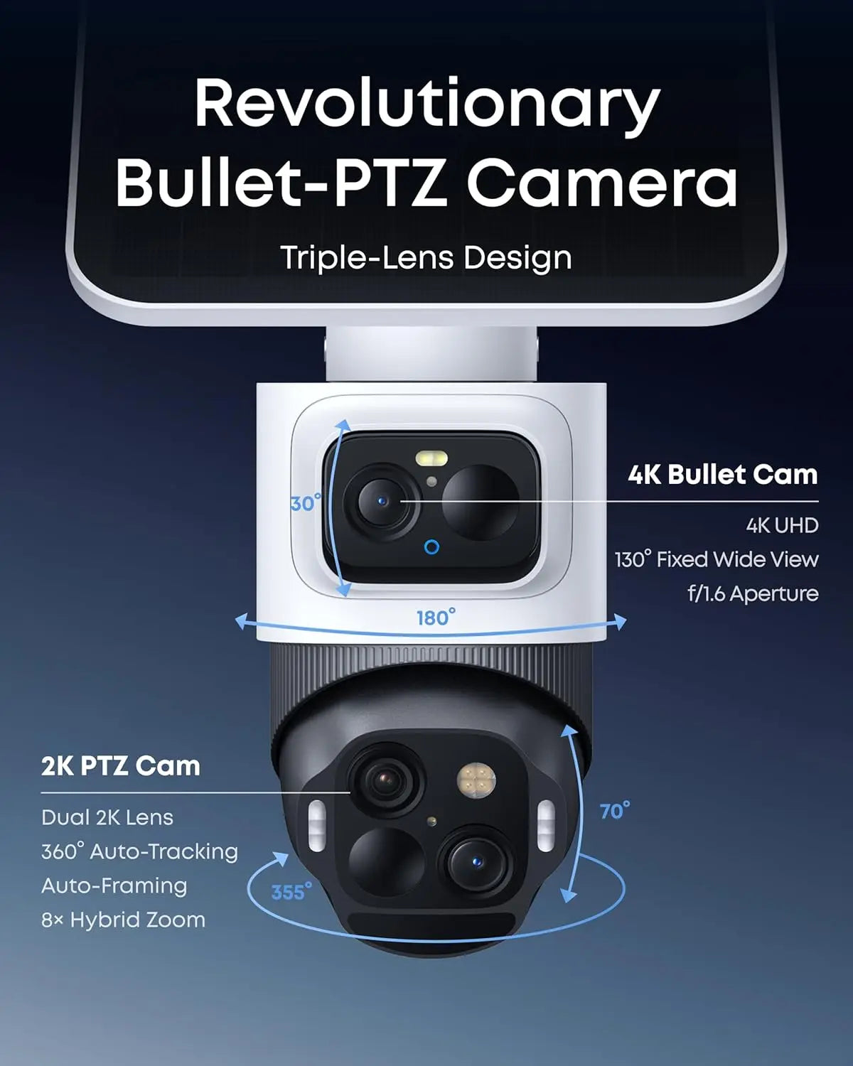 4K Solar Wireless Outdoor Security Camera, Triple Lens PTZ, 360° View, AI Tracking, Color Night Vision