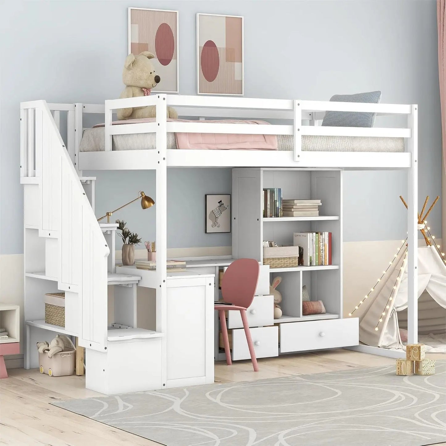 Twin Size Loft Bed with L-Shaped Desk and Stairs, Solid Wood Loft Bed Frame with Storage Drawers and Bookcase, for, Customized