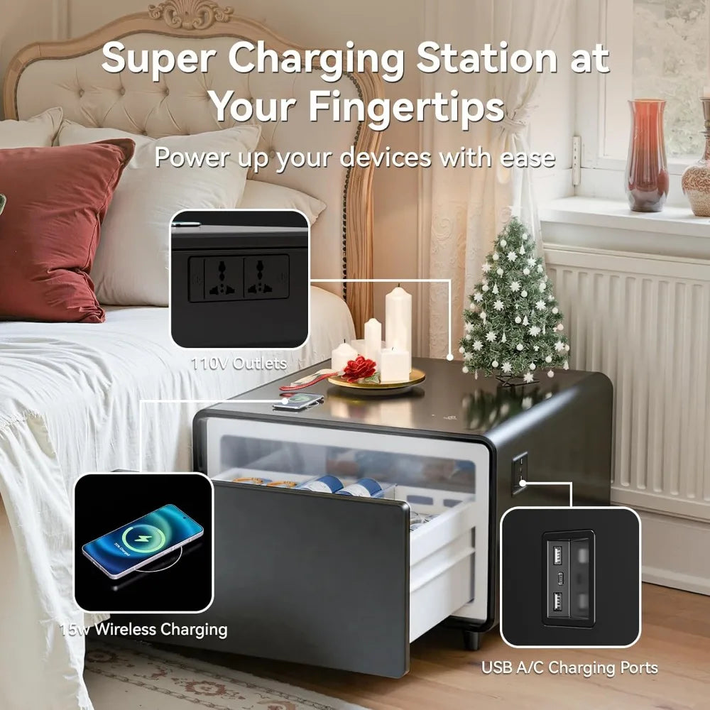 Smart Side Table, Nightstand with Built in Fridge, 27.7 D x 26.3 W x 18.1 H, Mini Coffee Table with 15W Wireless Charging