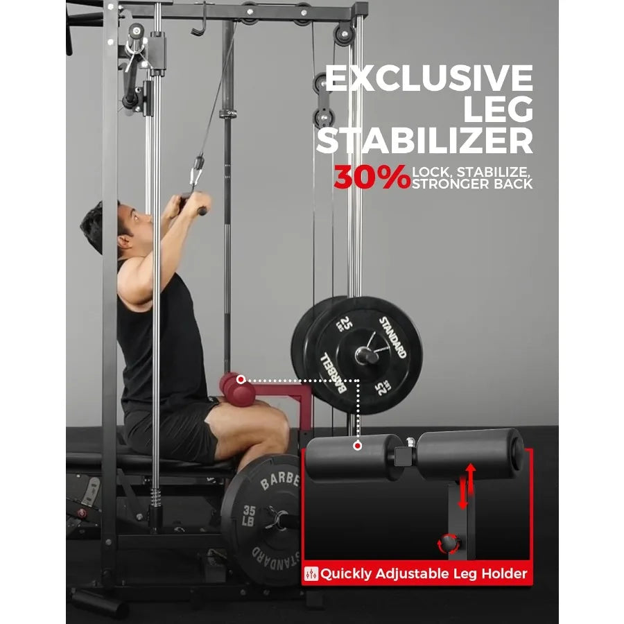 Smith Machine Home Gym Power Cage 1:1 Ratio Strength Trainer (Space Saving Design) (with 8 Free Attachments) Squat Rack for Ful